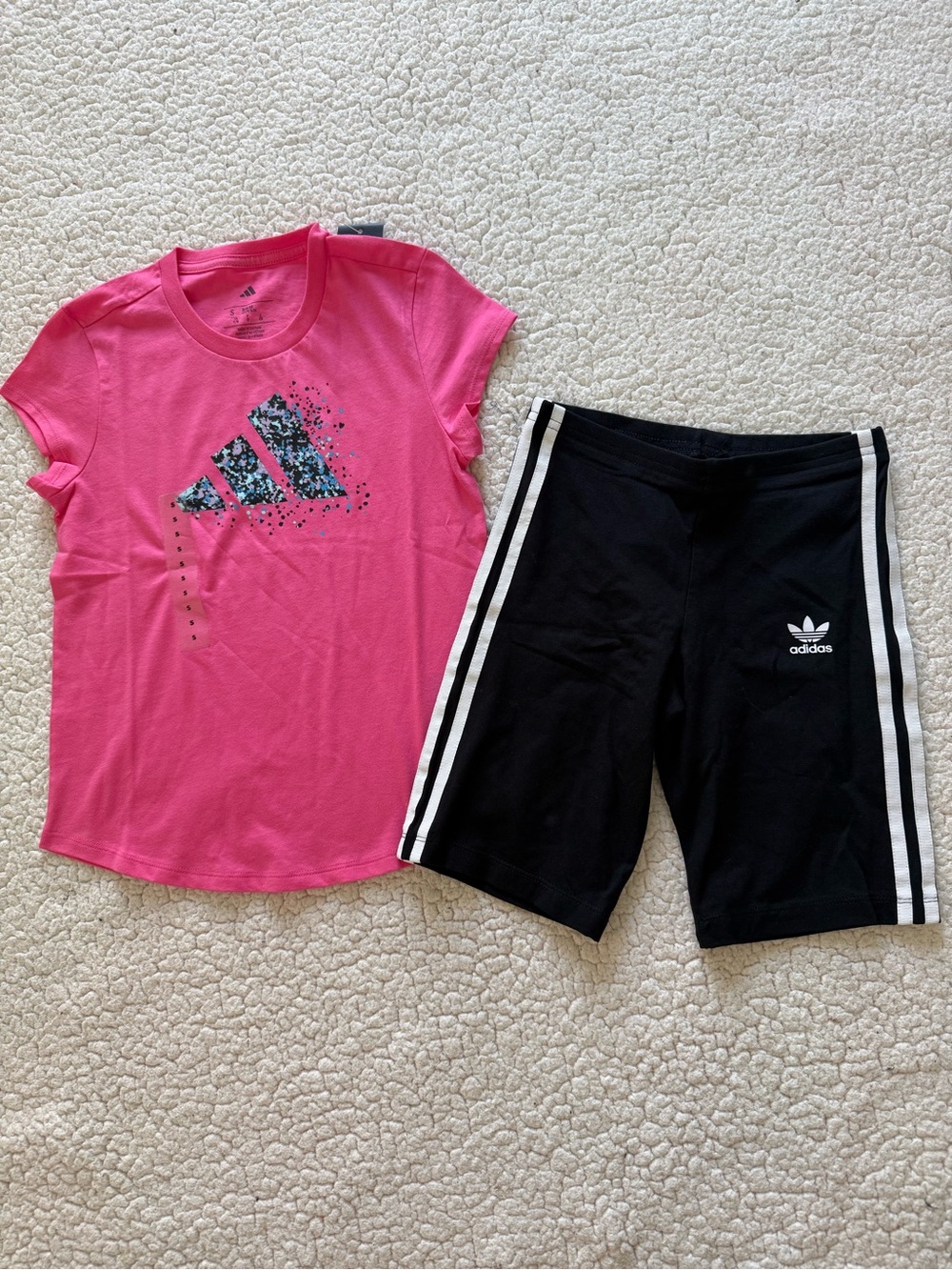 New girls adidas Pink shirt and Black 3-Stripe Bike Shorts